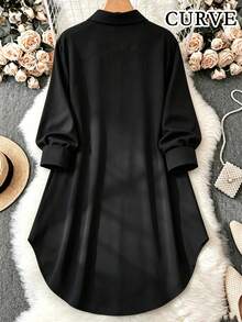 Women's Plus Size Solid Color Long Sleeve Side Slit Button Shirt With Pockets, Casual Autumn Top - Black - View 3