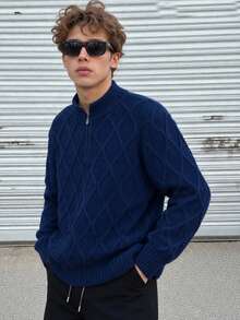 Boys' Preppy Solid Color Half-Zip Argyle Knit Pullover Sweater, Suitable For School Spring, Autumn, Winter - Navy Blue - View 2