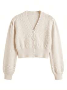 JustMiss Women's V-Neck Single-Breasted Button-Up Cardigan, Long Sleeve, Casual Short Style, College Girl Style, Spring/Autumn/Winter - Apricot - View 6