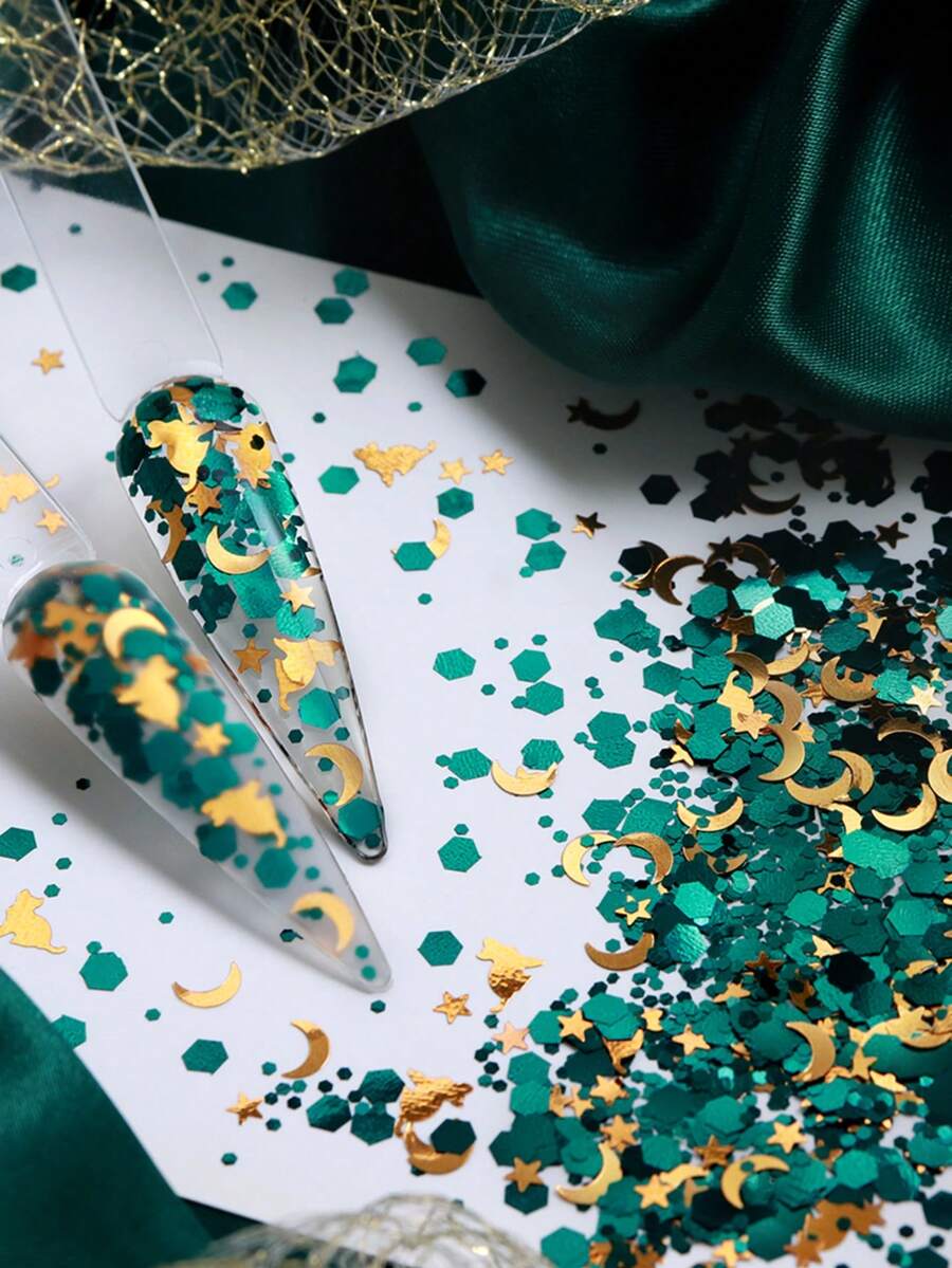 5g Shiny Star Moon Mix Cat Sequins Nail Art Decorations Emerald Green Hexagon Glitter Gel Polish Manicure Accessories Vintage Press On Nails - Multicolor - View 1