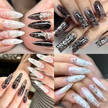 Bộ 10 miếng giấy chuyển họa tiết nail đen trắng - họa tiết ren vintage, hoa và ô kẻ; trang trí móng tay mùa đông lễ hội dễ thương, phù hợp cho DIY và sử dụng tại salon - Nhiều màu - Xem 8