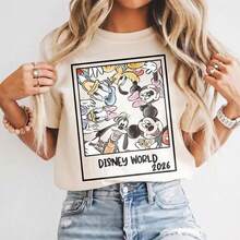 Disney Cream Crew Neck Tee Black Border Square Frame Full Group Cartoon Characters Hand Letter Year Print Cotton Loose T-Shirt - AT44703 - 查看 2