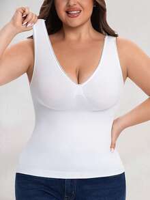 Women's Plus Size Shaping Tank Top, White V-Neck Seamless Tummy Control Camisole - White - View 1