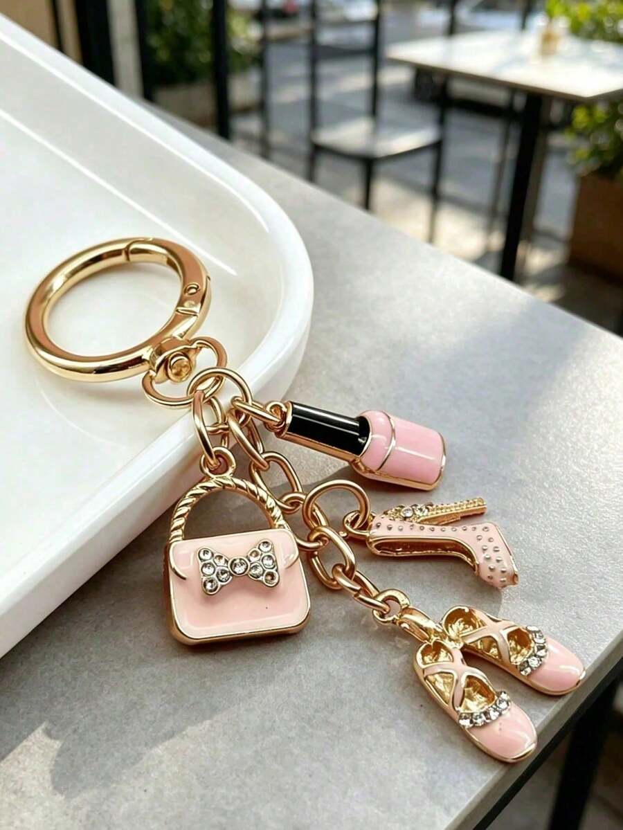 Car Key Pendant/Bag Charm, Fashion Accessory Keychain Pendant, Rhinestone-Studded Bag, High Heel, Nail Polish, Ballet Shoe Design, Pink Enamel With Gold Chain, Exquisite Sparkling Rhinestone Accents, Metal Material Sturdy And Durable, Compact And Lightweight, Secure Closure. Can Be Hung On Backpacks, Car Keys, Daily Commute, Travel Decoration, Exquisite Female Accessory, Romantic Niche Gift For Festivals, Birthdays, Back To School Season. - Multicolor - View 1