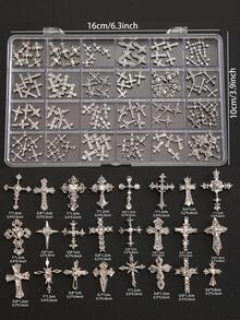 24-Grid Box/120pcs Bulk Mixed Vintage Rhinestone Cross Metal Nail Art Charms, Punk Style Silver Cross 3D Nail Decor Accessories DIY Rhinestone Decoration Set - Multicolor - View 5