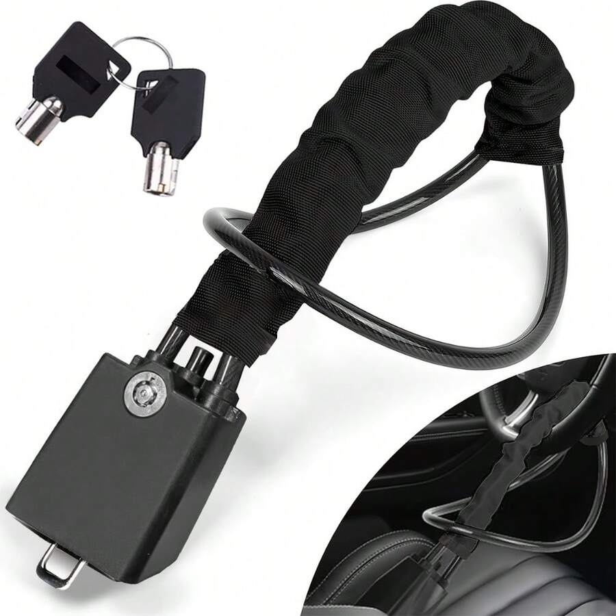 Car Steering Wheel Lock, Reinforced Braided Steel Cable Anti-Theft Lock, Easy To Operate Without Batteries, Comes With Two Keys, Suitable For Various Vehicle Models, Vehicle Safety Protection Product - Black - View 1