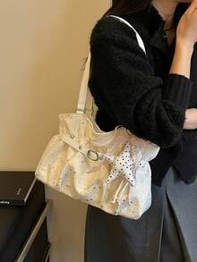 New Casual Solid Color Oxford Cloth Tote Bag, Star Pattern, Pleated Fabric Women Shoulder Bag, Aesthetic - White - View 4