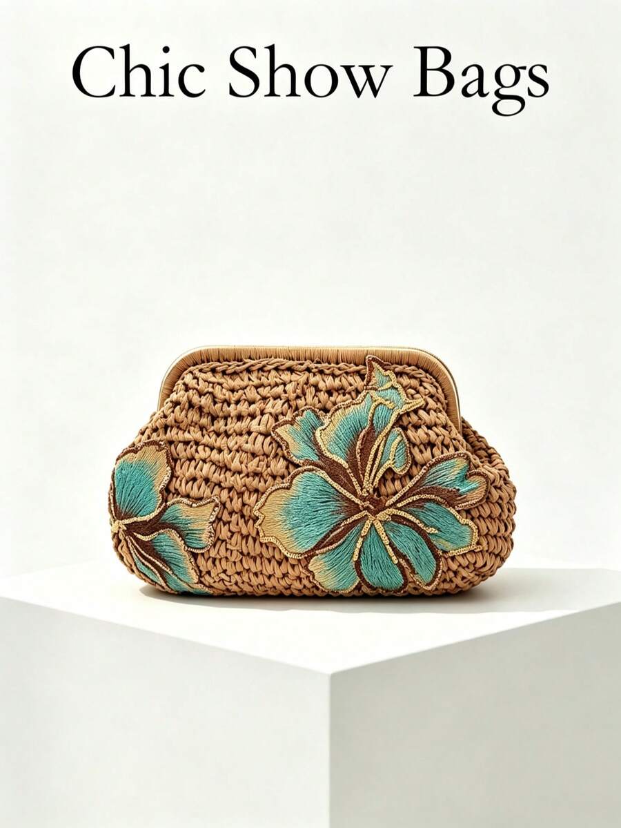 Women's Clutch Bag, Straw Frame With Turquoise Embroidered Floral Applique, Snap Closure Bohemian Style Handbag, Suitable For Summer Beach Wedding Party Daily Outings