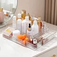 3Pcs Water Ripple Clear Plastic Storage Organizer Set, Divided Multi-Grid Cosmetic Storage Box, Glacier Texture Desktop Vanity Makeup Skincare Lipstick Jewelry Stationery Storage Tray For Bathroom Dresser Countertop - Glacier Pattern - View 11