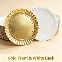 10pcs Gold Foil Food Serving Trays, Sturdy Cardboard Serving Platters, Round Scalloped Edge Paper Plates, For Party Cake Dessert Catering Appetizer Display Wedding Birthday Baby Shower Party Tableware Snack Display - Gold - View 2