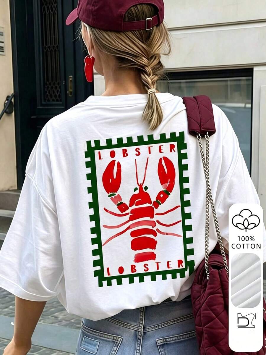 This Loose-Fitting Cotton T-Shirt With Dropped Shoulders Features A - Pattern. Vintage-College-Style, Comfortable And. Summer Casual - 白色 - 查看 1
