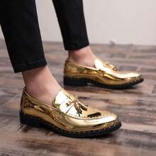 Men's Shiny Metallic Tassel Loafers Slip-On Brogue Carved Rivet Thick Sole Party Stage Formal Leather Shoes - Gold - View 7