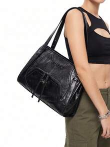 Black PU Patchwork Zipped Shoulder Bag With Metal Lettering – Women's Square Tote Bag, Large Capacity Ideal For Daily Commuting, Punk And Biker Styles - Black - View 3