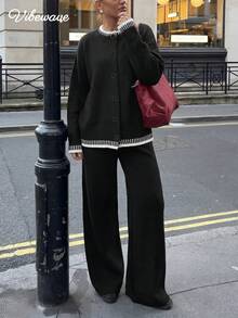 VIBEWAVE Contrast Binding Crew Neck Knit Cardigan Wide Leg Pants 2 Pieces Set, Old Money Style Solid Knit Outfit Fall Winter Casual Commute - Black - View 2