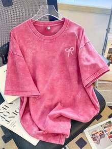Women Vintage Washed Tee, 230G Thick Oversized Crew Neck Short Sleeve, Retro Street Loose Fit Casual Top For Spring Summer Machine Washable Daily Wear - 玫紅色 - 查看 12