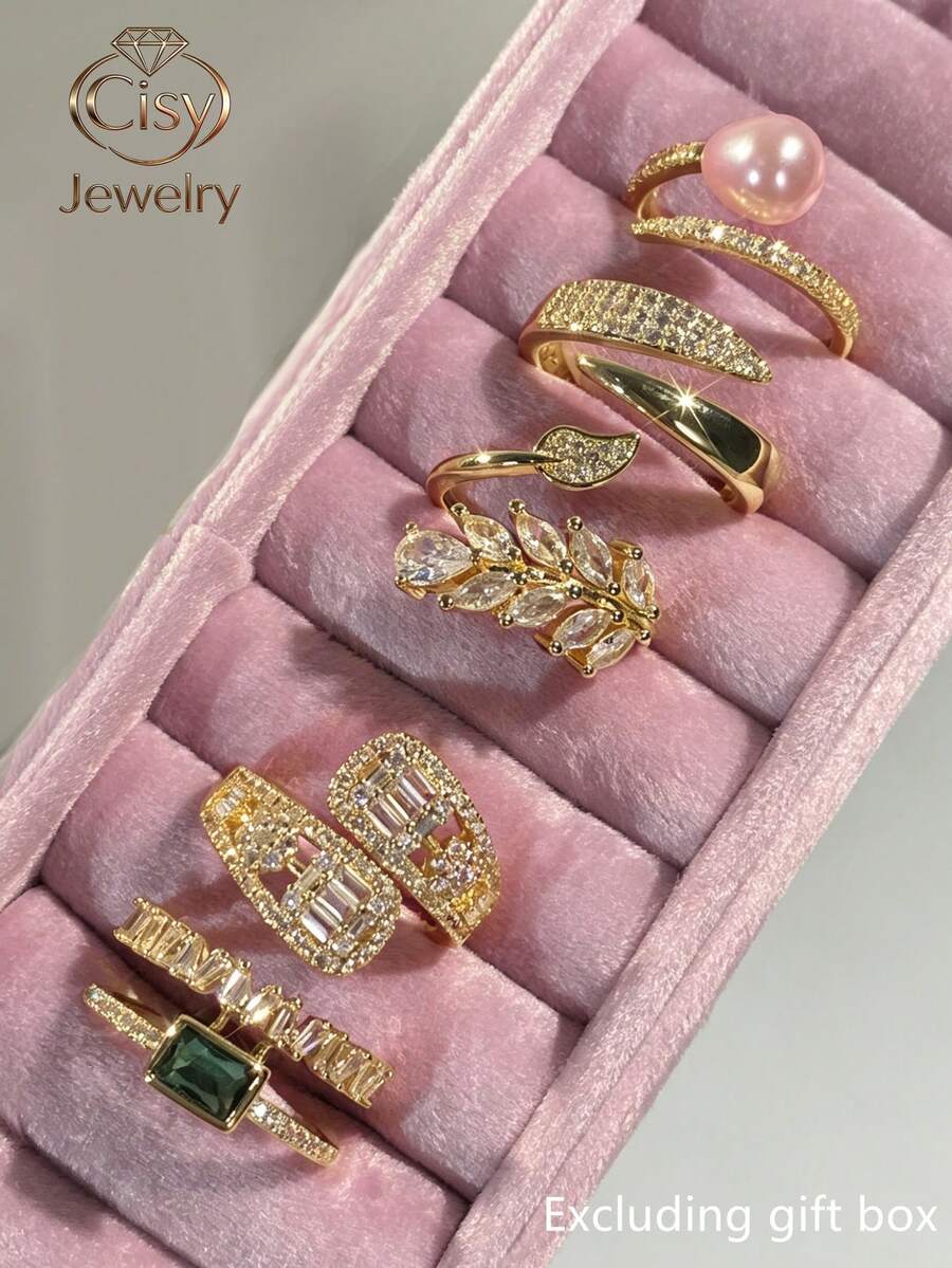 Set Of 5 Charming Cubic Zirconia Rings, Women's Wedding Anniversary Gift (Gift Box Not Included) - 1# - View 1