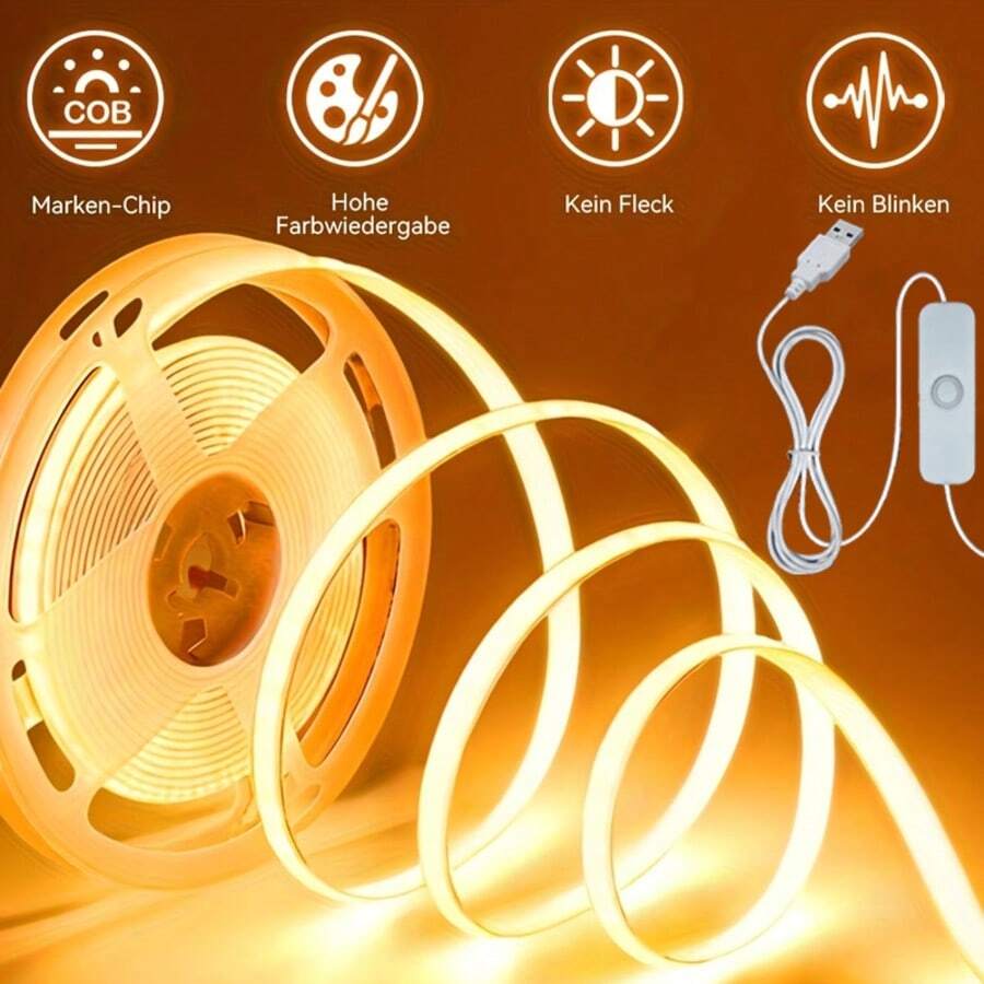شريط إضاءة LED مرن COB عالي السطوع 5/3/2/1 متر، توصيل مباشر عبر USB، تحكم بمفتاح زر، شريط إضاءة ديكوري فائق النحافة، مناسب للخزائن والمرايا والأسقف والمطابخ والغرف النوم والمكاتب، إضاءة حشو وديكور جداري وإضاءة خلفية متعددة السيناريوهات - شريط LED - مشاهدة 1