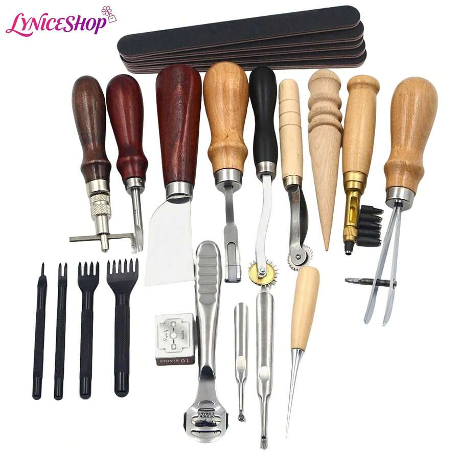 LYNICESHOP 19 Pcs Leather Craft Tools Kit, Stainless Steel Sewing Punching Cutting Set For DIY Wallets - Default - View 1