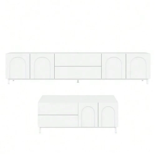 Living Room Set With TV Cabinet + Coffee Table, Furniture Set With Arched Doors, Body Made Of Particle Board + MDF, Furniture With Steel Tube Legs, Storage Combination For Living Room - White - View 1