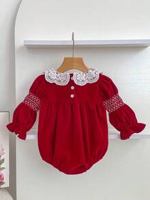 Christmas Baby Girl Bodysuit Romper, Spring/Autumn, Ruffled Collar, Red Princess Style Holiday Outfit - Red - View 3