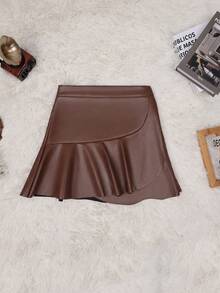 Rave Festival Gyaru Wrap Front Hidden Zipper Ruffle Hem PU Leather A-Line Mini Skirt Casual Vacation Dating Bodycon Skirts Summer Outfits For Women - Coffee Brown - View 4