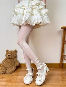 STAR RIVER 1 Pair Lolita Lace Heart Pattern Fishnet Tights, Sweet Minimalist Sexy Cute Bowknot Pantyhose, Versatile For Daily Wear - Multicolor - View 12