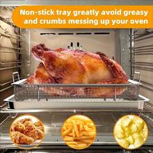 1 Set Multifunctional 2-In-1 Stainless Steel Oil Drainer & Baking Tray Set, Rectangular Oil Control Rack Cooked Food Filter Tray, Stainless Steel Material, Suitable For Home Oven Fried Chicken Wings And French Fries, Deep Frying And Grilling, Kitchen Filter, Outdoor Camping BBQ, Home Kitchen Supplies, Home Oven Baking, Air Fryer Baking Accessories, Suitable For Autumn Promotion, Halloween And Christmas Events - Multicolor - View 2