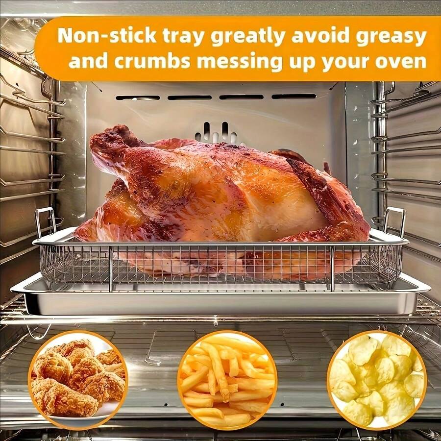 1 Set Multifunctional 2-In-1 Stainless Steel Oil Drainer & Baking Tray Set, Rectangular Oil Control Rack Cooked Food Filter Tray, Stainless Steel Material, Suitable For Home Oven Fried Chicken Wings And French Fries, Deep Frying And Grilling, Kitchen Filter, Outdoor Camping BBQ, Home Kitchen Supplies, Home Oven Baking, Air Fryer Baking Accessories, Suitable For Autumn Promotion, Halloween And Christmas Events