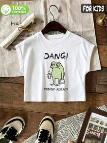 Tween Girls'  Cotton Cropped Cuffed Sleeve Tee, Graphic Print,  Cute Sweet Preppy Girl Style - White - View 1