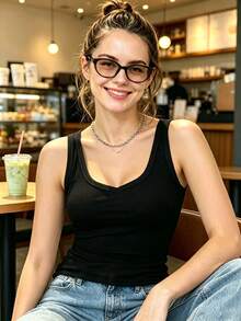 女士纯色针织吊带背心，弹力修身舒适背心，适合运动、跑步、徒步、健身、瑜伽、普拉提等。 - 黑色 - 查看 9