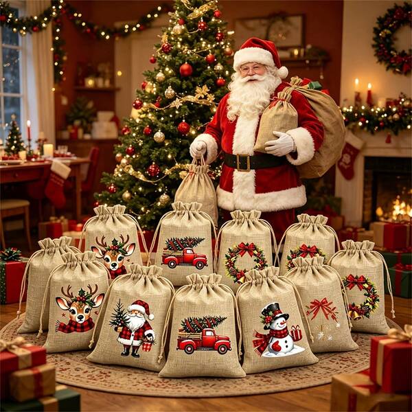 1/6/12 piezas,Bolsas de regalo de arpillera navideñas, Bolsas de regalo navideñas, Bolsas reutilizables con cordón, 5 diseños con temática navideña enviados al azar, Adecuadas para recuerdos de fiesta navideña, Regalos de cumpleaños, Decoraciones de árbol de Navidad