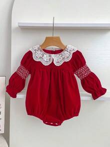 Christmas Baby Girl Bodysuit Romper, Spring/Autumn, Ruffled Collar, Red Princess Style Holiday Outfit - Red - View 2
