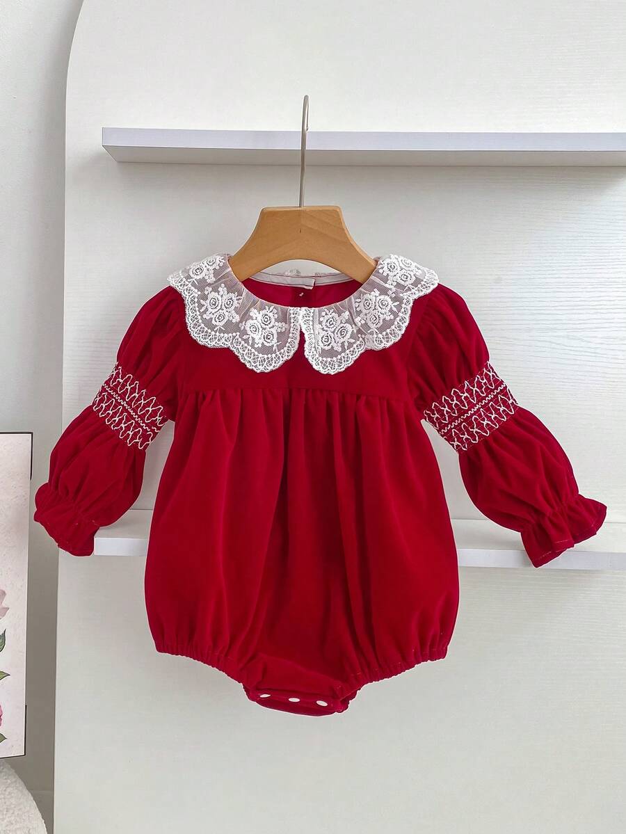 Christmas Baby Girl Bodysuit Romper, Spring/Autumn, Ruffled Collar, Red Princess Style Holiday Outfit