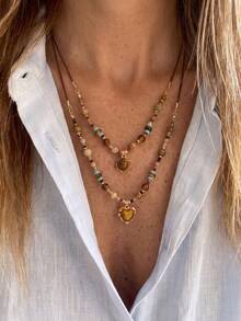 2pcs/Set Bohemian Tiger Eye Bead Layered Necklace Set, Vintage Brown Leather Cord Heart & Round Disc Pendant Necklace, Women's Y2K Style Jewelry Gift - Multicolor - View 8