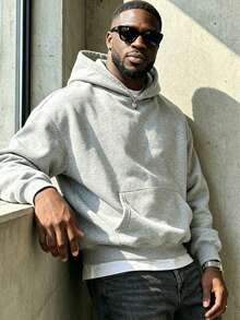 Men's Solid Color Drop Shoulder Long Sleeve Casual Pocket Hoodie, Autumn/Winter - Light Grey - View 1