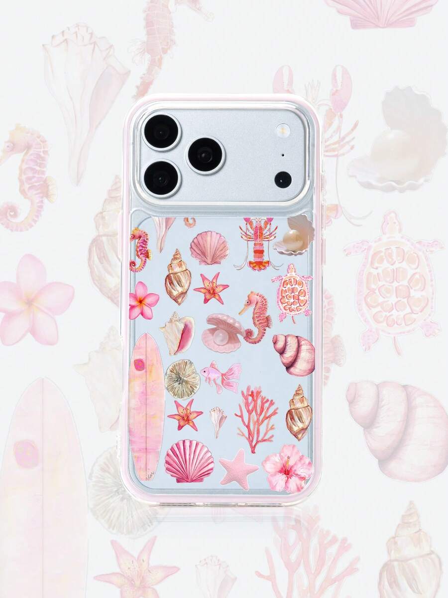 1pc Pink Frame Transparent Minimalist Lens Protection Anti-Drop Anti-Collision Underwater Shell Seahorse Coral Pattern Phone Case Personalized Compatible With IPhone 16 Pro Max 17/16/15/14/13/12/11 Protective Case Air Compatible With Samsung Series - Multicolor - View 1