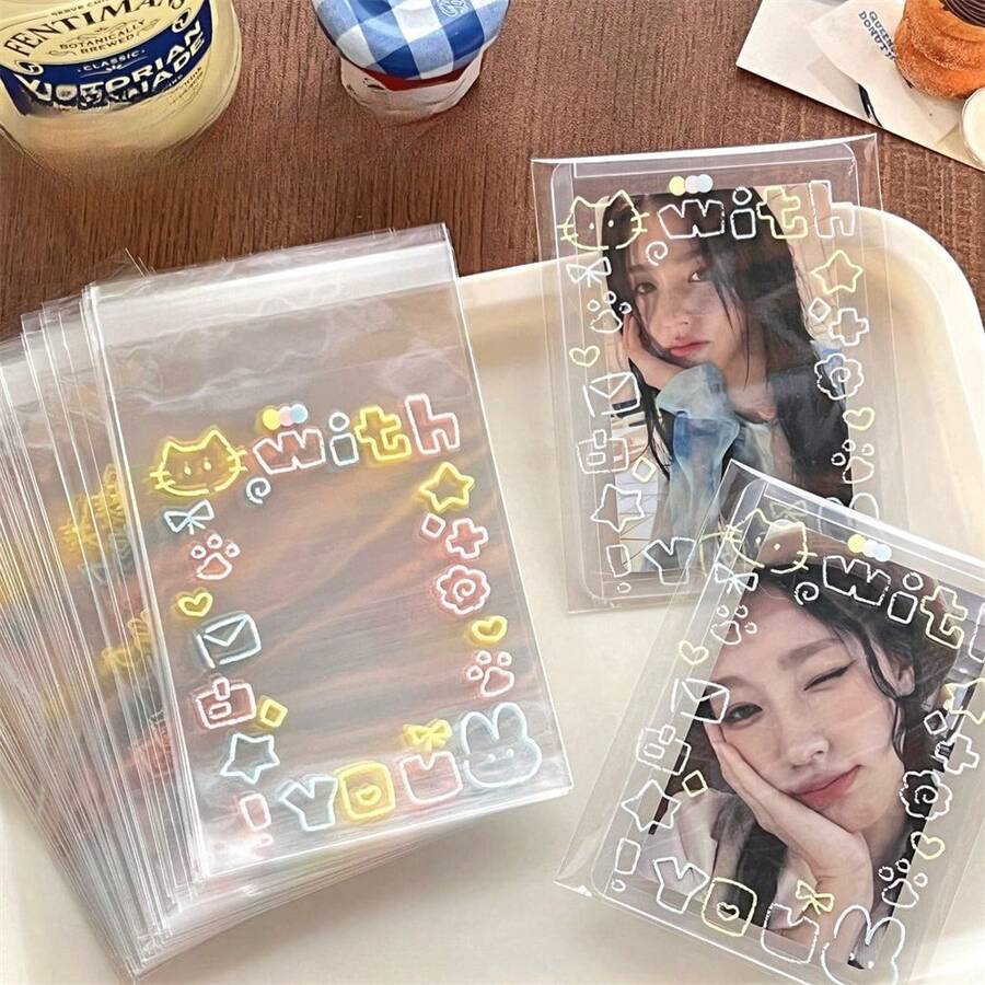 50pcs With You Decorative Photo Card Sleeves, Transparent Plastic Photo Card Holders, Cute Cartoon Border Card Protection Bags, Suitable For Lomo Cards, Idol Collectibles Storage, DIY Decoration Supplies - Multicolor - View 1