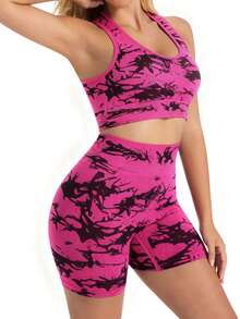 Abstract Splatter Print Seamless 2-Piece Workout Set, Racerback Crop Top And High-Waisted Biker Shorts - Hot Pink - View 2