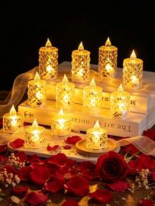 24pcs LED Electronic Candle Lights With Rose Pattern Halo Projection - Flameless, Battery Operated Mini Candles For Wedding, Valentine's Day, Halloween, Christmas And Cozy Home Decor, Wedding Atmosphere Lighting | Decorative LED Lights | Textured Surface Lights - Candle Light - View 7