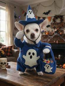 1 Set Blue Polyester Printed Pet Clothing With Glowing Ghost Pattern, Including Dog Outfit And Dog Hat. Happy Puppy Cat Dog Clothes, Halloween Limited Edition Glowing Costume, Suitable For Small To Large Dogs. - Blue - View 4