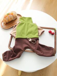 PETCIRCLE 1PC Pet Clothes Small Dog Puppy Cute Pet Autumn/Winter Versatile One-Piece Windproof Warm Colorblock Four-Legged Outfit - Green Coffee - Multicolor - View 3