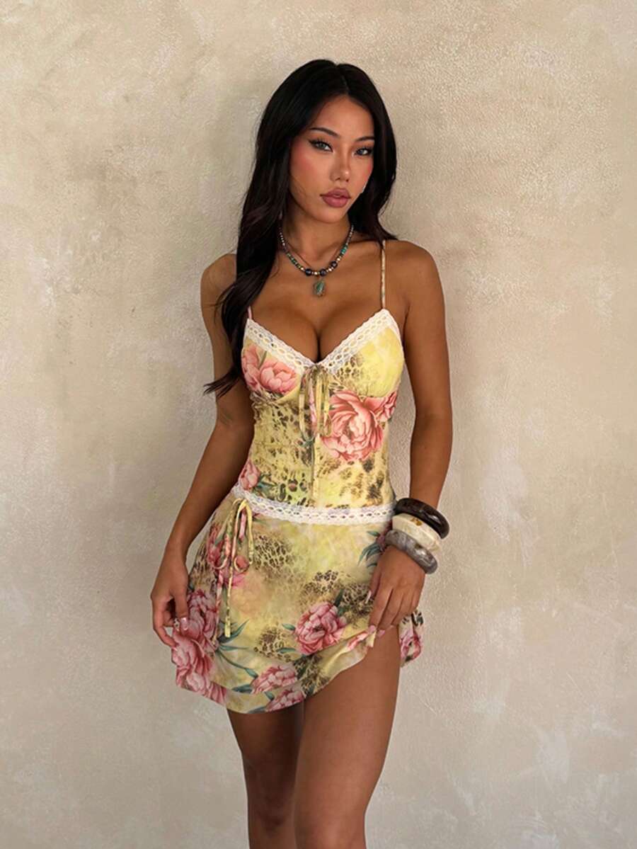 女款印花優雅無袖洋裝,夏季黃色 - 黃色 - 查看 1