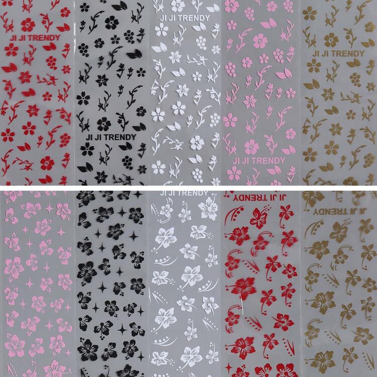 10 Rolls Hibiscus Flower Nail Transfer Foil, Multi-Color Black, Red, Gold, White & Pink Floral Pattern Nail Transfer Paper, Delicate Hibiscus Blossom Design, Create Elegant Romantic Floral Manicure, DIY Nail Art Supplies Decor Accessories - Multicolor - View 5