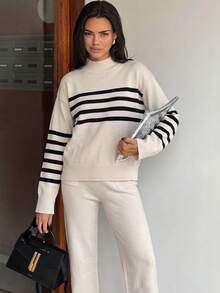Autumn/Winter Casual Loose Striped Colorblock Knit Sweater & Wide Leg Pants Set - Apricot - View 7