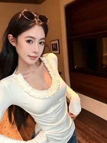 New Women's Sexy Backless Ruffle U-Neck Slim Fit Flattering Thermal Lined Long Sleeve Base Layer Top, Spring/Autumn - Apricot - View 1