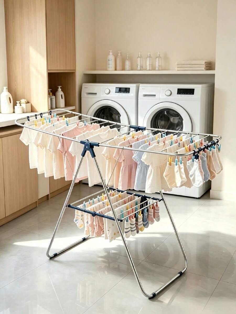 Foldable Stainless Steel Clothes Drying Rack, Space Saving Large Capacity Multi-Layer Laundry Airer, Collapsible Garment Dryer For Laundry Room Bedroom Balcony, Household Drying Stand For Clothes Towels Socks - View 1