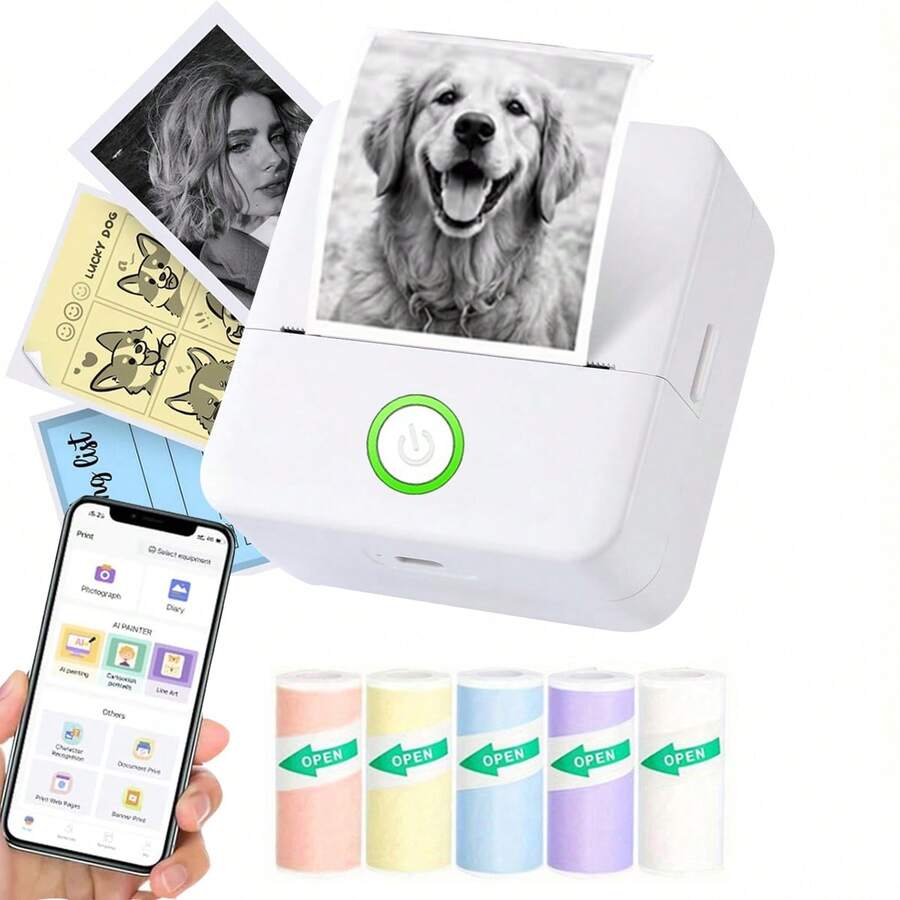 GOTOOGO 迷你便攜式無墨熱感貼紙印表機，附5卷紙，兼容iOS與Android，適用學習筆記、照片、學習備忘錄、圖片DIY列印