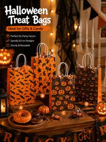 1pc/4pcs/6pcs/8pcs Halloween Paper Gift Bags, 4 Mixed Designs: Pumpkin Jack-O'-Lantern, Bat, Black Cat And Spider Web Print Candy Bags, With Handles, Horror Party Favor Bags, Suitable For Candy, Cookies, Small Gifts, Reusable - Halloween Tote Bag - View 4