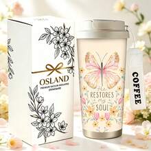1/5pcs 18oz Stainless Steel Coffee Tumbler, He Restores My Soul Pink Butterfly Floral Print Travel Mug, Multi-Function Flip Straw Lid, White COFFEE Lanyard Strap, Ideal Gift For Faith Lovers Ladies Friends, Suitable For Worship Travel Home Picnic - Butterfly - View 1