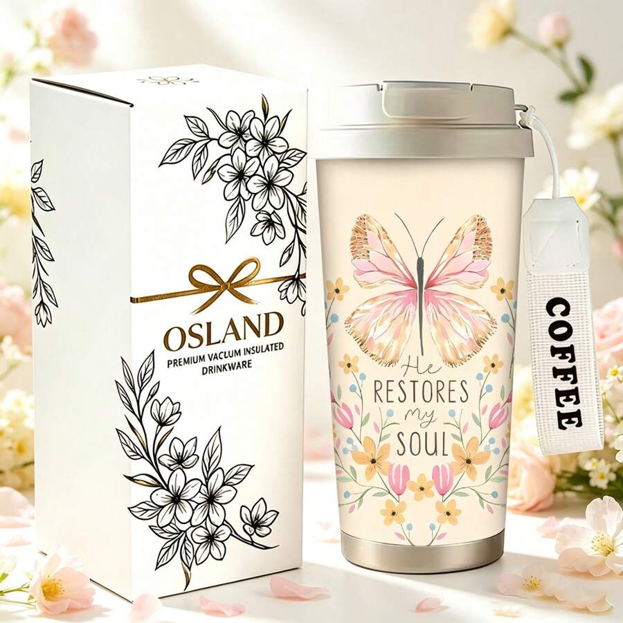 1/5pcs 18oz Stainless Steel Coffee Tumbler, He Restores My Soul Pink Butterfly Floral Print Travel Mug, Multi-Function Flip Straw Lid, White COFFEE Lanyard Strap, Ideal Gift For Faith Lovers Ladies Friends, Suitable For Worship Travel Home Picnic - Butterfly - View 1